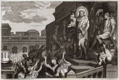 Bible de Royaumont, Nouveau Testament : Ecce homo. Ponce Pilate présente Jésus-Christ avec des épines à la foule en disant, « Voici l
