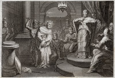 Bible de Royaumont, Nouveau Testament : Jésus-Christ devant Caïphe et Anan. Illustration de 1811. - Unknown artist
