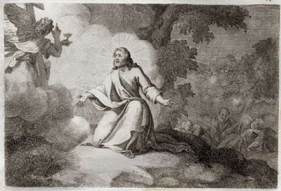 Bible de Royaumont, Nouveau Testament : Jésus-Christ au jardin (prière sur le mont des Oliviers). Un ange tenant un calice apparaît à Jésus. Les apôtres Saint Pierre, Saint Jean et Saint Jacques sont endormis. Illustration de 1811. - Unknown artist