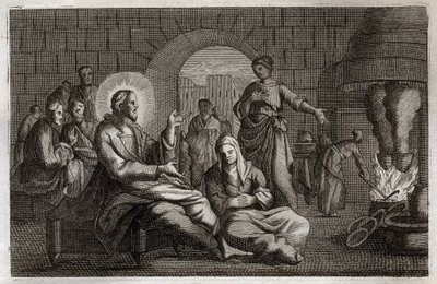 Bible de Royaumont, Nouveau Testament : Marthe et Marie. Jésus-Christ entre dans la maison de Marthe, qui se hâte de le recevoir tandis que sa sœur, Marie de Béthanie, écoute sa parole. Illustration de 1811. - Unknown artist