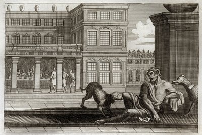 Bible de Royaumont, Nouveau Testament : Parabole du riche mauvais représenté à table au fond et Lazare le mendiant, dont les chiens du riche lèchent les plaies. Illustration de 1811. - Unknown artist
