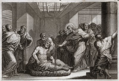 Bible de Royaumont, Nouveau Testament : Paralytique. Jésus-Christ appelle Saint Matthieu et guérit un paralytique à Capharnaüm. Illustration de 1811. - Unknown artist