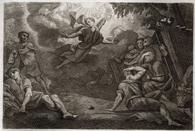 Bible de Royaumont, Nouveau Testament : Les bergers à la crèche. Un Ange annonce la naissance de Jésus-Christ aux bergers (Annonciation aux bergers). Illustration de 1811 - Unknown artist