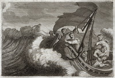 Bible de Royaumont, Nouveau Testament : Tempête apaisée. Les apôtres sont surpris par une tempête, Jésus-Christ qui dormait dans leur bateau se réveille et calme la mer de Galilée. Illustration de 1811. - Unknown artist
