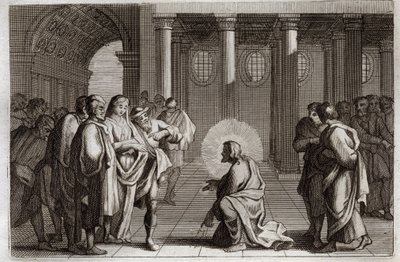 Bible de Royaumont, Nouveau Testament : La femme adultère. Jésus-Christ se dérobe divinement aux pièges que les Juifs lui tendent, lui demandant ce qu