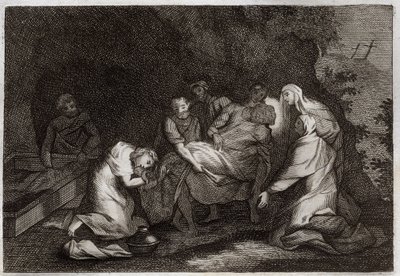 Bible de Royaumont, Nouveau Testament : Tombeau. Sépulcre de Jésus-Christ. Parmi les personnages entourant le corps de Jésus-Christ : la Vierge Marie, Saint Nicodème, Saint Joseph d