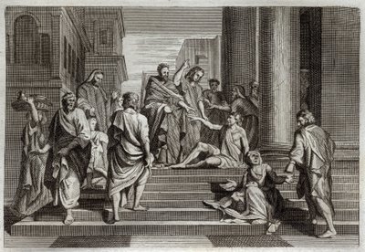 Bible de Royaumont, Nouveau Testament : Guérison du boiteux. Saint Pierre, accompagné de Saint Jean, guérit miraculeusement un boiteux à Jérusalem. Illustration de 1811. - Unknown artist