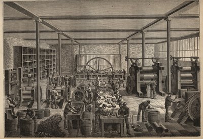 Caoutchouc : usine de caoutchouc. Gravure de 1885 dans « Les arts et métiers illustrés » par Adolphe Bitard - Unknown artist