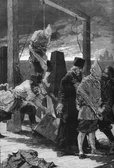 Russie, Saint-Pétersbourg : exécution des deux nihilistes Kviatkovsky et Presniakoff le 16/11/1880 dans le ravin Saint-Jean de la forteresse des Saints-Pierre-et-Paul. Ils étaient les auteurs de l