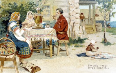 Famille russe buvant du thé autour d