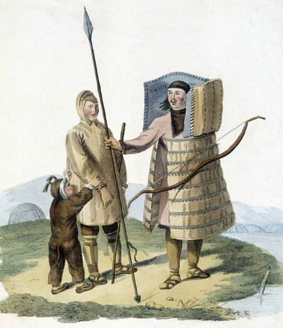 Homme russe en tenue de chasse avec sa femme et son enfant - Unknown artist