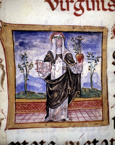 Sainte Catherine de Sienne (1347 - 1380) tenant un livre et un cœur, miniature du 15ème siècle - Unknown artist