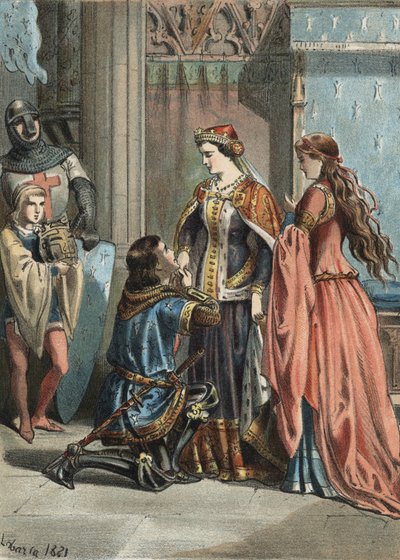 Saint Louis (1214-1270), roi de France, et sa mère Blanche de Castille (1188-1252). Gravure de 1881 dans « El Culto de la Hermosura » par Juan Justo Huguet, Molinas Hermanos éditeurs - Unknown artist