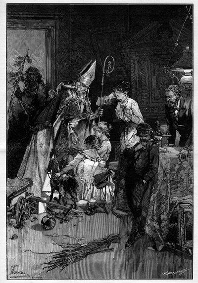 Fête de Saint Nicolas en Lorraine qui apporte des jouets aux enfants. Il est accompagné du compère le Diable qui lui apporte des verges. Gravure dans "Le Monde Illustré" - Unknown artist