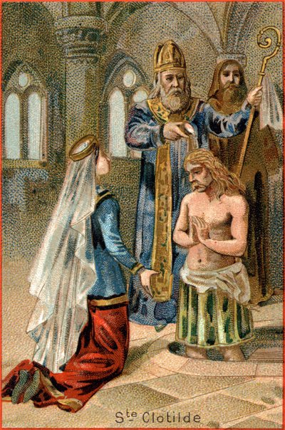 Saint Remi, évêque de Reims, baptisant Clovis I (465-511), roi des Francs, 25 décembre 496. À gauche, Sainte Clotilde. - Unknown artist