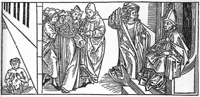 Saint Séverin. Gravure de « Leben der Heiligen - sommerteil » (Le livre des saints) par Jacobus (Jacques) de Voragine (1228-1298). Lübeck 1488 - Unknown artist