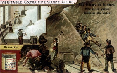 Saline et mine de sel : extraction du sel et saunier. Chromolithographie des produits Liebig, série « Les trésors de la terre » - Unknown artist