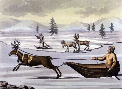 Peuple Sami : peuple indigène vivant dans les terres des pays du nord (Norvège, Finlande, Suède et Russie) se déplaçant en traîneau à rennes ou à skis. Gravure du 19ème siècle - Unknown artist