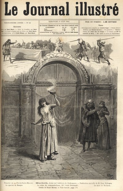 Sarah Bernhardt : Lady Macbeth dans "Macbeth", drame de Shakespeare, adapté par Jean Richepin - Théâtre de la Porte Saint-Martin - gravure dans "Le journal illustré" de 1884 - Unknown artist
