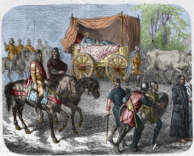 Scène représentant les rois fainéants : le roi de France Thierry III (673-691) transporté dans un char avec un lit tiré par des bœufs. - Unknown artist
