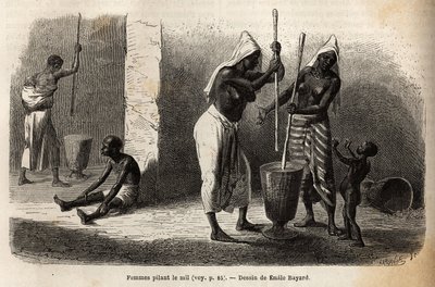 Scène de la vie quotidienne : femmes pilant du mil, à Sekou (Niger), entourées d