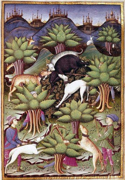 Scène de chasse au sanglier Miniature de "Traité de fauconnerie et de vénerie avec la devise et l