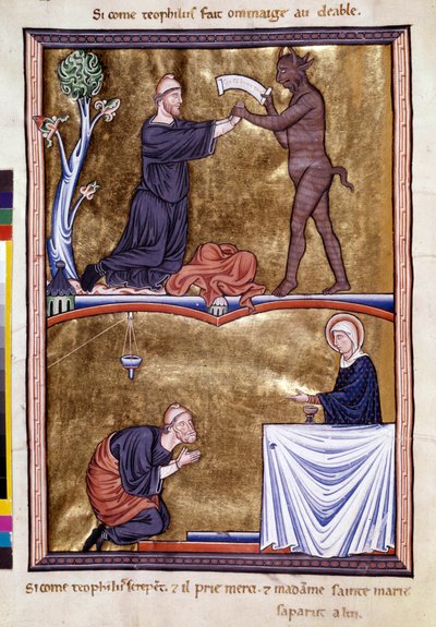 Scènes de la vie du moine Saint Théophile le Pénitent (6e siècle). Il a appelé le diable pour le sortir de la mendicité. Il a fait pénitence pour le reste de sa vie. Miniature du « Psautier d