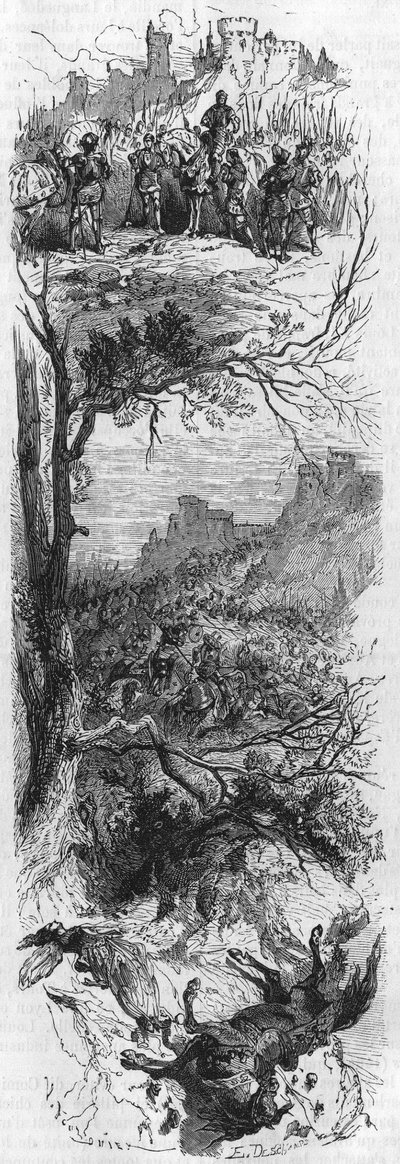 Scènes de batailles. Louis XI donne un collier à Raoul de Lannoi (1481), Combat de Thérouanne (1480) et Marie de Bourgogne blessée par une chute de cheval (1482). Gravure du 19ème siècle - Unknown artist