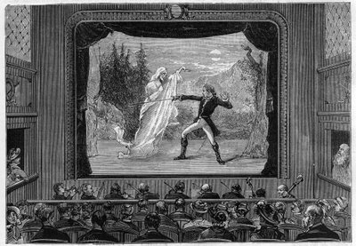 Spectacles scientifiques : spectres vivants. Expérience des spectres sur la scène du théâtre. Un comédien combat un fantôme. Gravure dans « La Nature » - Unknown artist