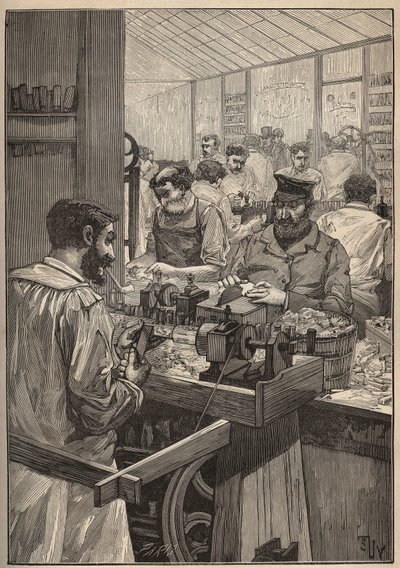 Écume de mer : fabrication de pipes en écume de mer. Gravure de 1885 dans "Les arts et métiers illustrés" par Adolphe Bitard. - Unknown artist