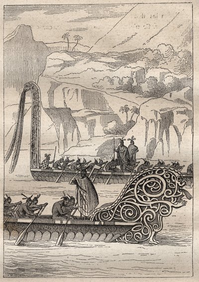 Deuxième voyage (1772-1775) du capitaine James Cook (1728-1779) : pirogues de guerre néo-zélandaises - illustration tirée de 