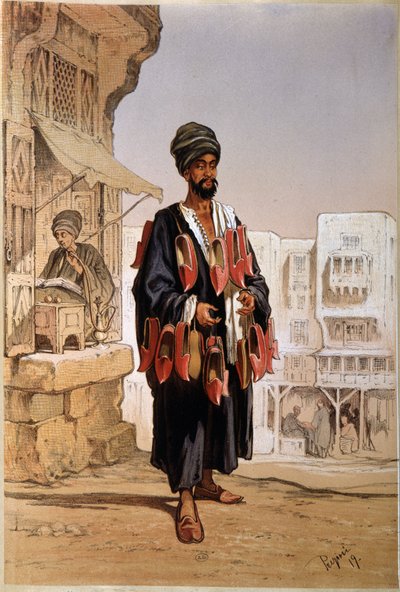 Vendeur de babouches et fumeur de narguilé en Égypte - Unknown artist