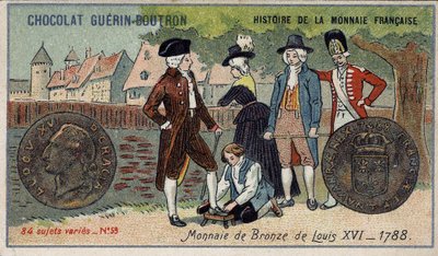 Série Histoire de la Monnaie Française publiée par Chocolat Guérin Boutron. Chromolithographie du 19e siècle. Pièce de bronze de Louis XVI en 1788 - Unknown artist