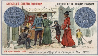 Série Histoire de la Monnaie Française publiée par Chocolat Guérin Boutron. Chromolithographie du 19ème siècle. Denier d