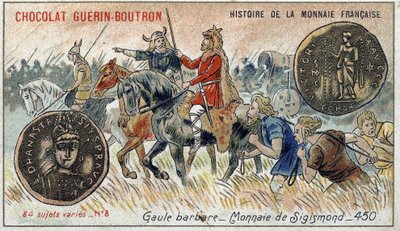 Série Histoire de la Monnaie Française publiée par Chocolat Guérin Boutron. Chromolithographie du 19ème siècle. Gaule barbare. Monnaie de Sigismond - Unknown artist
