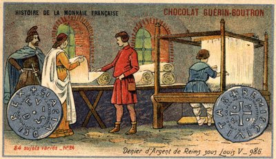 Série Histoire de la Monnaie Française publiée par Chocolat Guérin Boutron. Chromolithographie du 19ème siècle. Le Denier d
