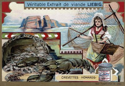 Crevettes et homards, avec une jeune pêcheuse, portant son panier et un grand filet - Chromolithographie Liebig - Unknown artist