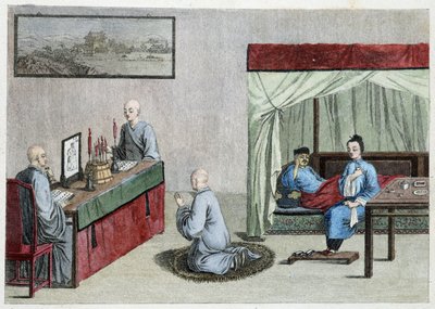 Homme malade au lit et prière des moines - Chine - Unknown artist