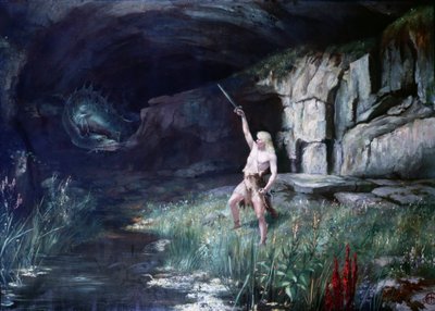 Siegfried, face au dragon Fafner, brandit son épée. Scène de l
