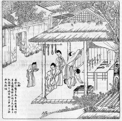 La soie et le ver à soie en Chine : grâce à la déesse de la soie. Gravure dans « La Nature : revue des sciences et de leurs applications aux arts et à l