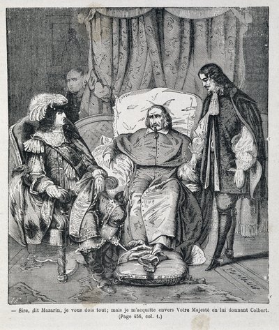 Sire, dit Mazarin, « Je vous dois tout : mais je paie à Votre Majesté en lui donnant Colbert. » Le cardinal Jules Mazarin (Giulio Raimondo Mazzarino) (1602-1661) présente Jean-Baptiste Colbert (1619-1683) à Louis XIV (1638-1715) Illus - Unknown artist