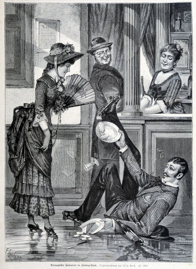 Scène de patinage dans une brasserie. Un garçon tombe et casse les assiettes qu