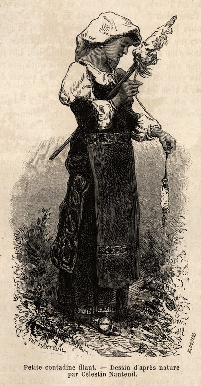 Petite contadine des environs de Rome, filant la laine avec son fuseau. Gravure pour illustrer le voyage à Rome, par Francis Wey, publié dans Le tour du monde 1870-1871, édité par Edouard Charton, édition Hachette, Paris - Unknown artist