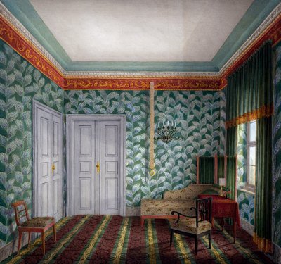 Petite salle de jour avec papier peint vert et feuillage - Unknown artist