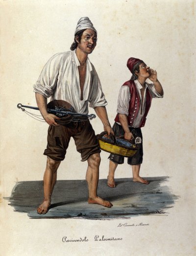 Petit métier de rue : vendeurs de poissons ambulants. Gravure de Sicile du 19ème siècle - Unknown artist