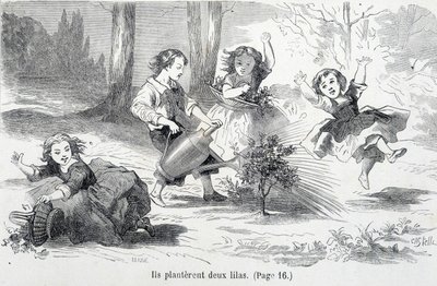 Sophie et ses amis plantent du lilas - dans «Les malheurs de Sophie» par la Comtesse de Ségur, Hachette - Unknown artist