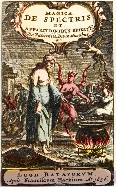 Sorcières préparant des potions surveillées par des démons, frontispice de « Magica de spectris et apparitionibus spiritu de vaticiniis, divinationibus » par Henningus Grosius - Unknown artist