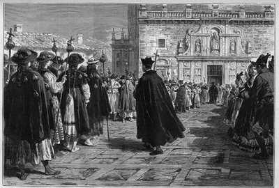 Espagne 1880 : les fêtes de Saint-Jacques-de-Compostelle, la procession des pèlerins à l