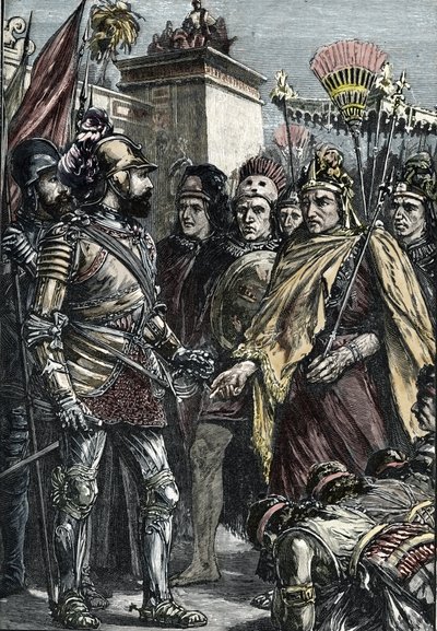 Conquête espagnole du Mexique : rencontre entre Hernan Cortes et Montezuma II en 1519 - Unknown artist