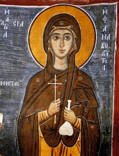 Sainte Anastasie, guérisseuse de chevaux avec une bouteille de remèdes et une croix, église byzantine de Notre-Dame d